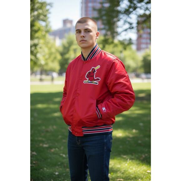 Vintage 90s Starter Diamond St. Louis Cardinals MLB Men’s Medium Satin Jacket - Picture 1 of 6